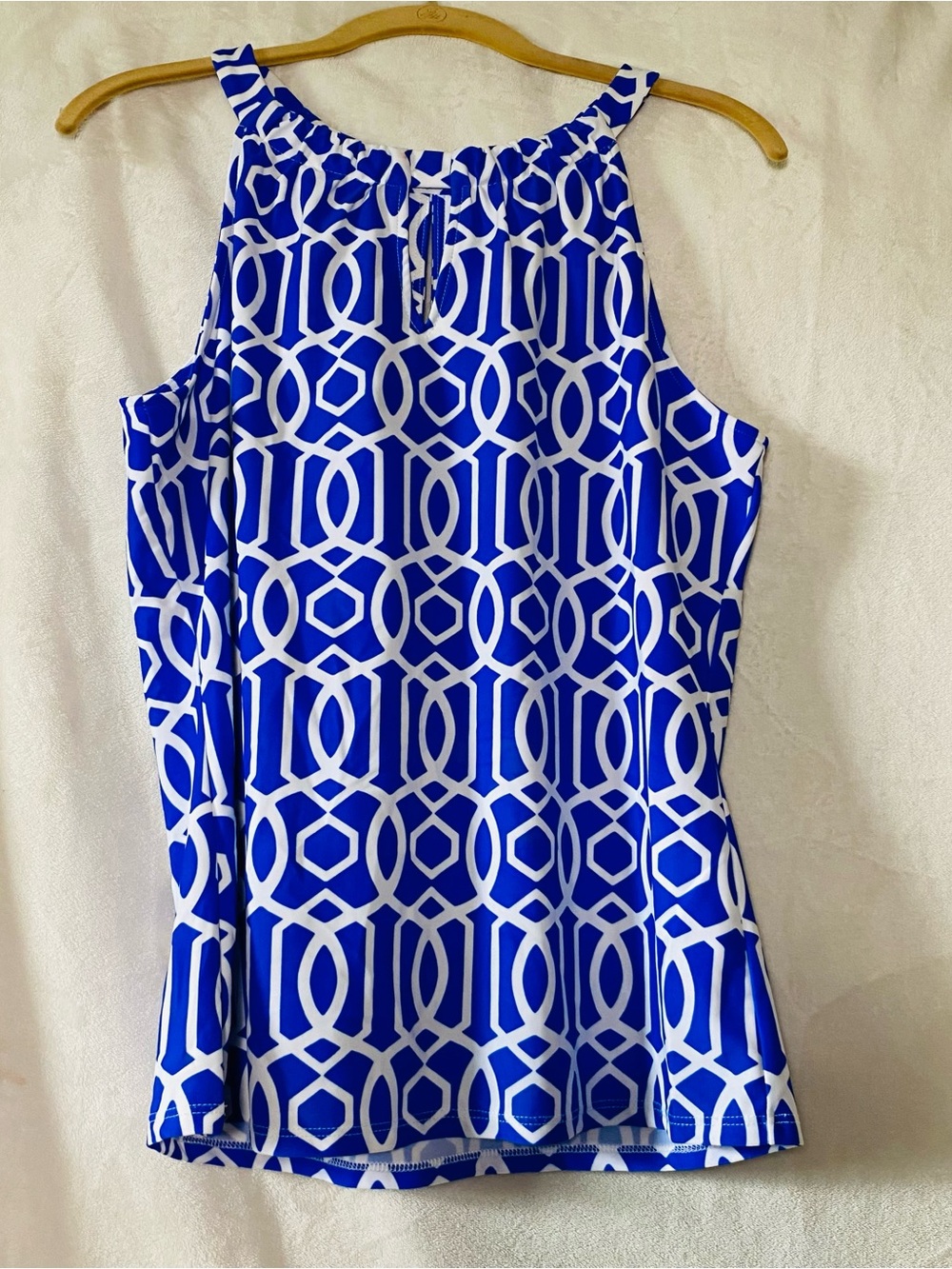 Jude Connally Blue and White Geometric Halter Tank Top